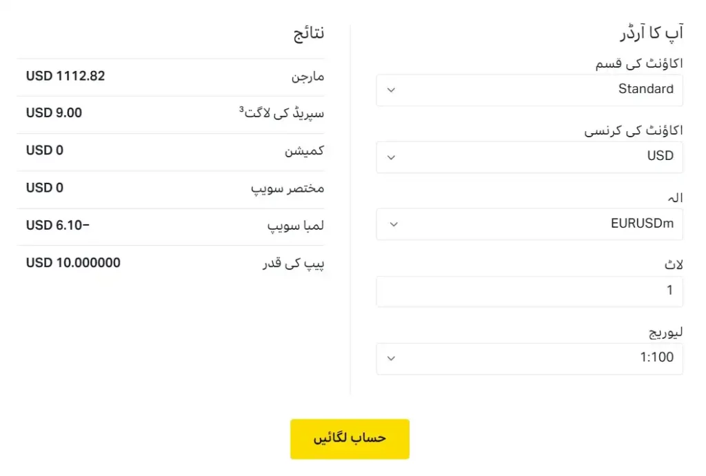 Exness کیلکولیٹر کا استعمال کی مثال: